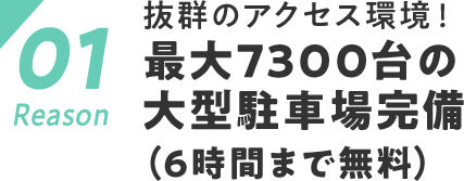 抜群のアクセス環境 最大7300台の大型駐車場完備(6時間まで無料)