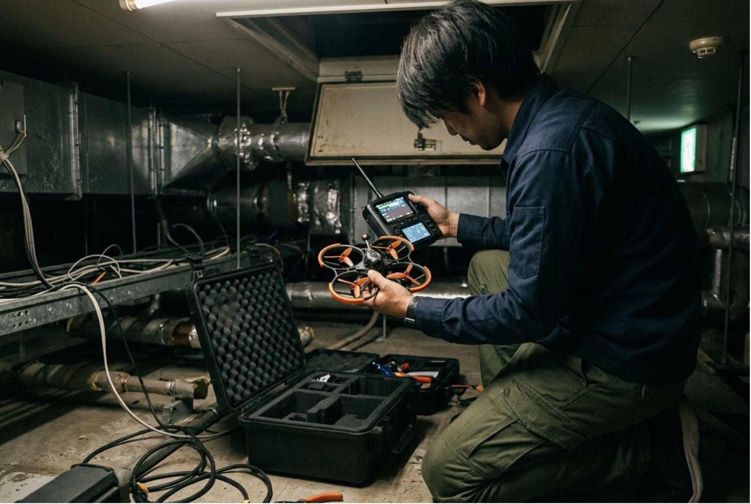 ビルのダクト前で小型ドローンの飛行前点検をするパイロット