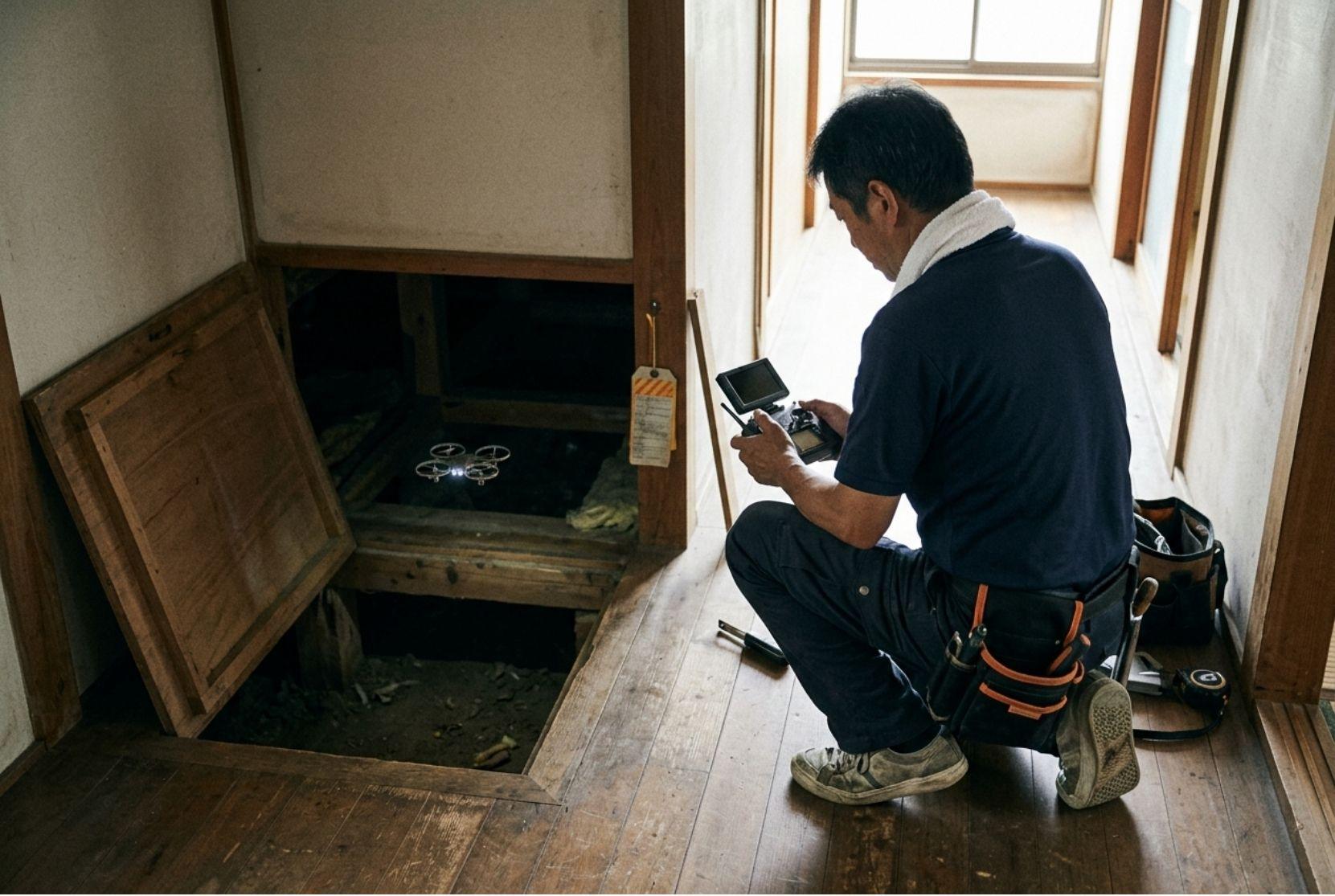 木造住宅の床下点検口から小型ドローンを飛ばす建築士
